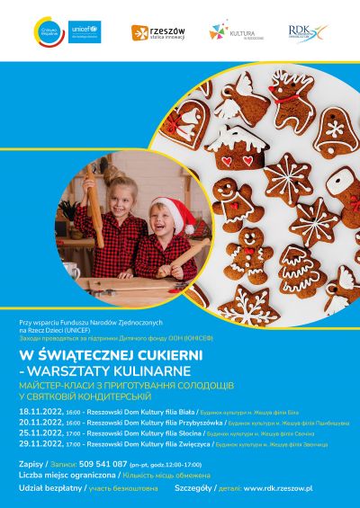 Plakat promujący warsztaty kulinarne "W świątecznej cukierni"
